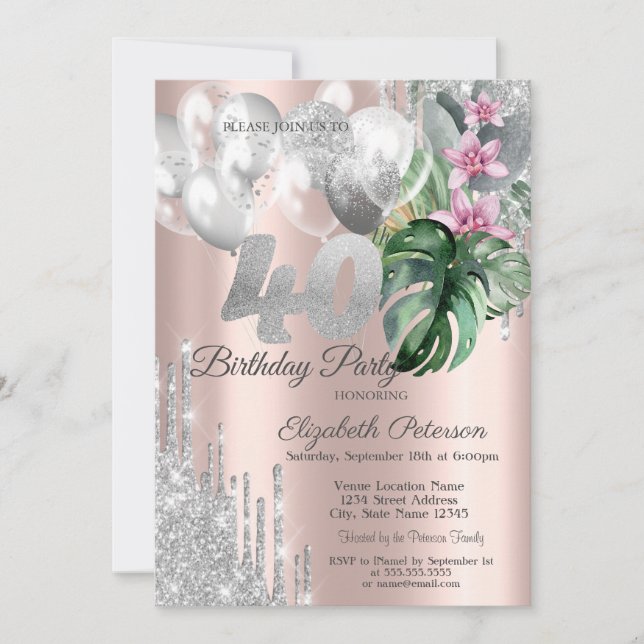 Glitter kör ballonger för tropiska blommor 40:e inbjudningar (Framsida)