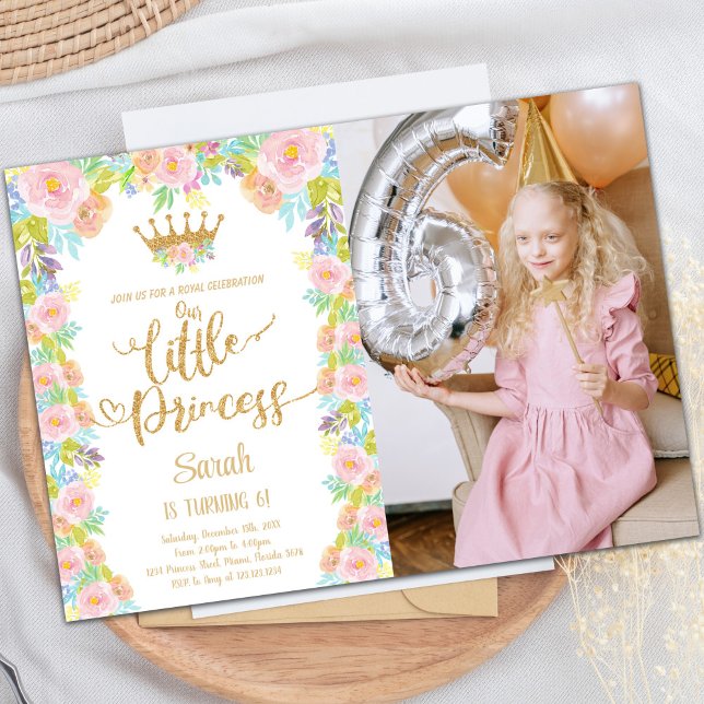 Glitter Krona Blommigt Princess Birthday Photo Inbjudningar (Glitter Crown Floral Princess Birthday Photo Invitation)