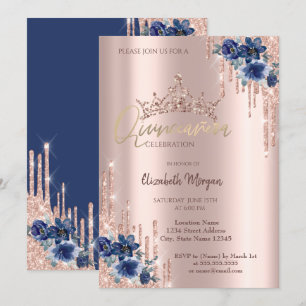 Glitter Krona Dropp Blå Blommor Quinceañera Inbjudningar