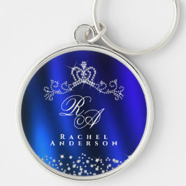 Glitter Krona Monogram Blue Rund Silverfärgad Nyckelring
