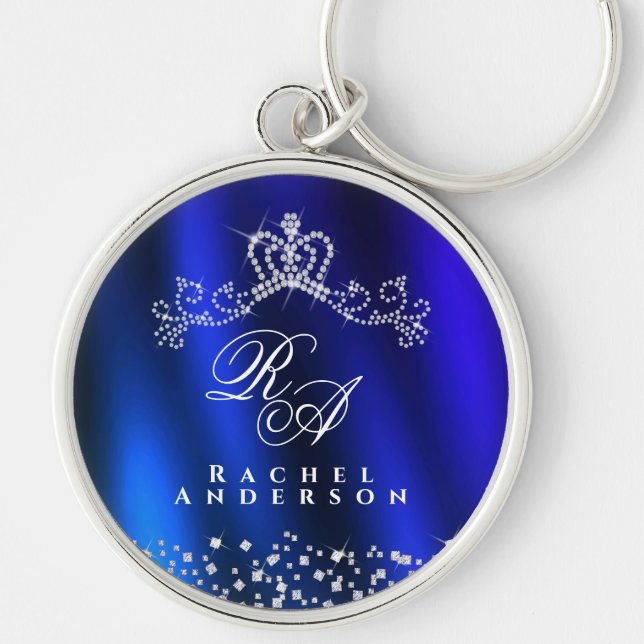 Glitter Krona Monogram Blue Rund Silverfärgad Nyckelring (Framsidan)