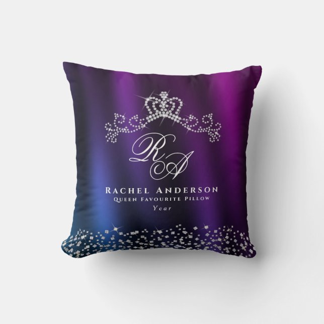 Glitter Krona Monogram Lila Blue Kudde (Framsida)