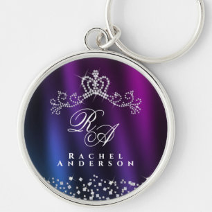 Glitter Krona Monogram Lila Blue Rund Silverfärgad Nyckelring