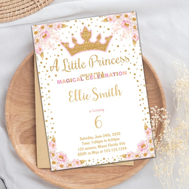 Glitter Krona Party Inbjudan för flickor (Glitter Crown Princess Birthday Invitations)