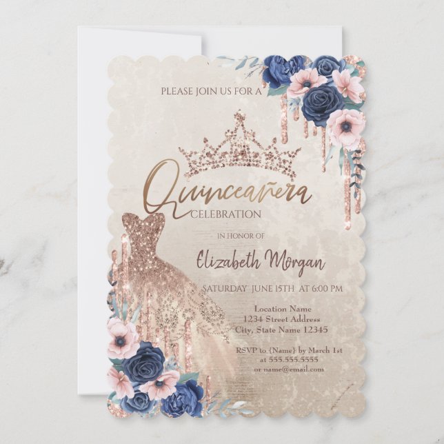 Glitter Kronan Dropar,Klänning,Blå Rosor Quinceañe Inbjudningar (Framsida)