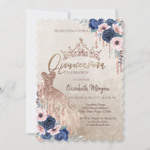 Glitter Kronan Dropar,Klänning,Blå Rosor Quinceañe Inbjudningar