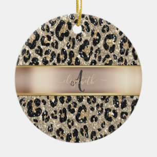Glitter Leopard Mönster Monogram Julgransprydnad Keramik
