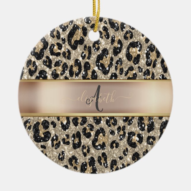 Glitter Leopard Mönster Monogram Julgransprydnad Keramik (Framsidan)