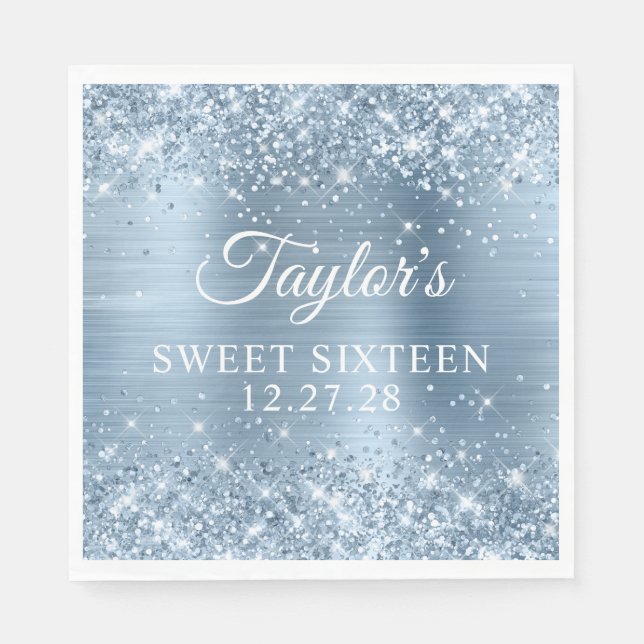 Glitter Light Blue Foil Sweet sixteen Pappersservett (Framsidan)