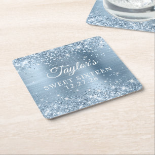 Glitter Light Blue Foil Sweet sixteen Underlägg Papper Kvadrat