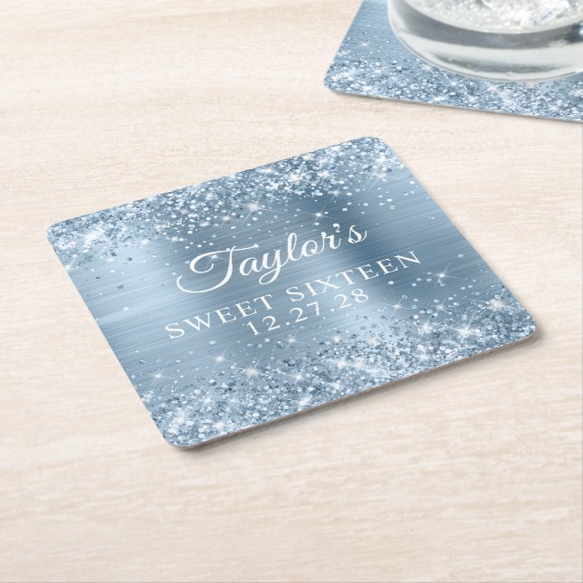 Glitter Light Blue Foil Sweet sixteen Underlägg Papper Kvadrat (Vinklad)
