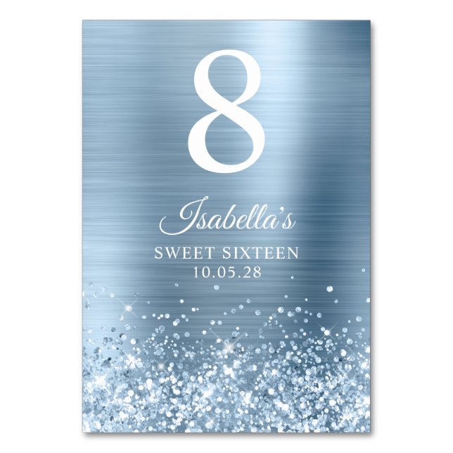 Glitter Light Blue Sweet sixteen Bordsnummer (Framsidan)