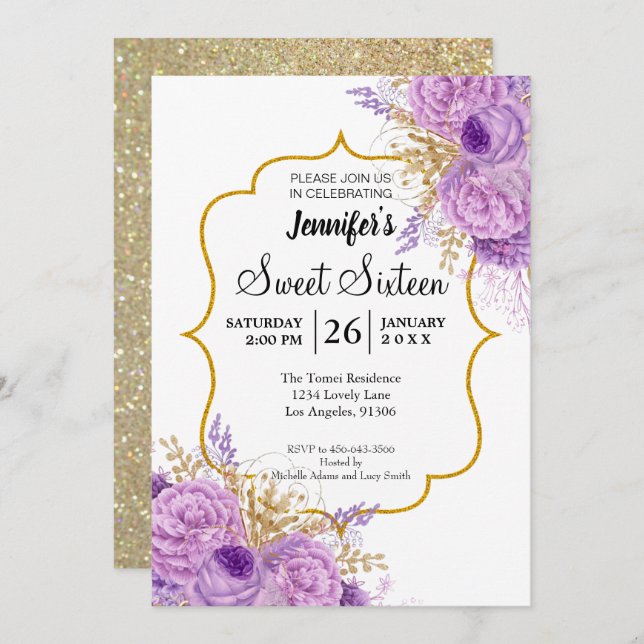 Glitter Lila Blommigt Söt 16 födelsedagsinbjudan Inbjudningar (Fram/baksida)