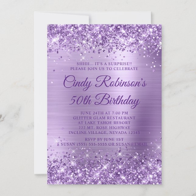 Glitter Lila Foil Surprise 50 Birthday Inbjudningar (Framsida)