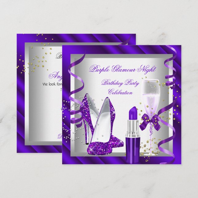 Glitter Lila Glamour Natt Champagne Firande Inbjudningar (Fram/baksida)