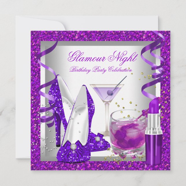 Glitter Lila Glamour Natt Martini Fest Inbjudningar (Framsida)