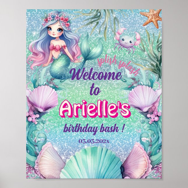 Glitter Lila Havsfröken födelsedag  Poster (Framsidan)