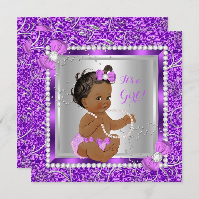Glitter Lila Silver Baby Shower Girl Ethnic Inbjudningar (Fram/baksida)