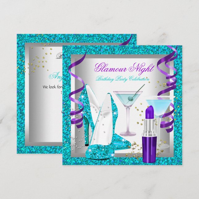 Glitter Lila Teal Glamor Night Martini Party Inbjudningar (Fram/baksida)