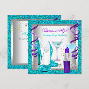 Glitter Lila Turkos Glamour Natt Martini Party Inbjudningar