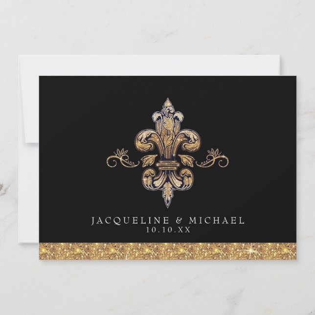 Glitter Look Falskt Guld Svart Formell Fleur de Li Inbjudningar (Baksida)