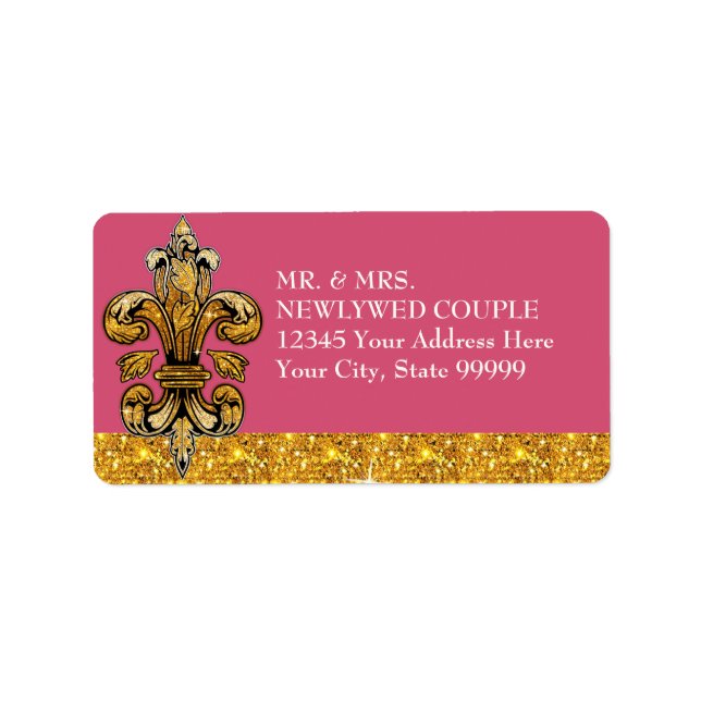 Glitter look Faux Guld Black Formal Fleur de Lis Adressetikett (Framsidan)