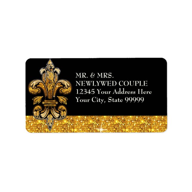 Glitter look Faux Guld Black Formal Fleur de Lis Adressetikett (Framsidan)