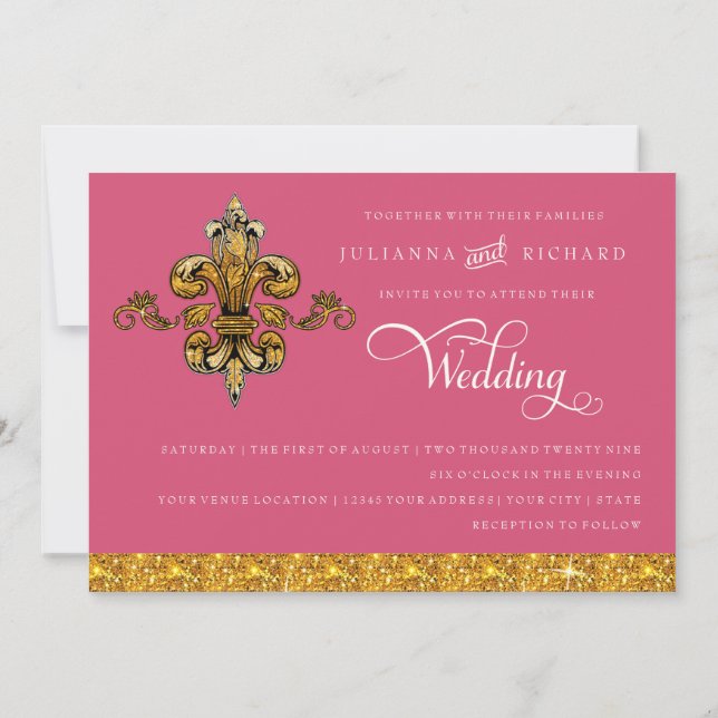 Glitter look Faux Guld Black Formal Fleur de Lis Inbjudningar (Baksida)