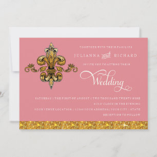 Glitter look Faux Guld Black Formal Fleur de Lis Inbjudningar