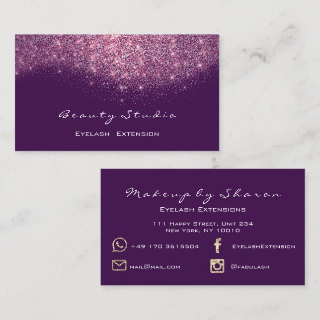 Glitter Makeup Artist Bloggare Lash Lila Rosa Visitkort (Fram/baksida)
