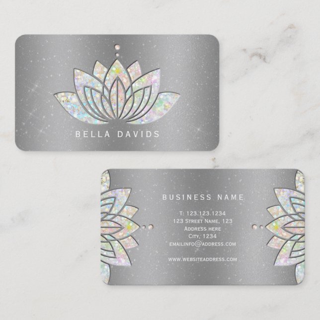 Glitter Mandala Lotus Yoga Instruktör Silver Visitkort (Fram/baksida)