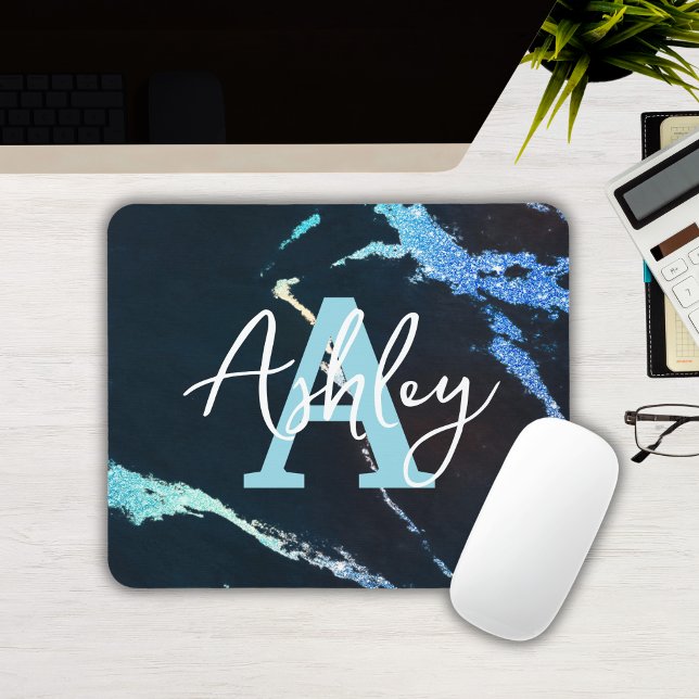 Glitter Marble Blue Personlig Monogram Mousepad Musmatta (Custom Monogrammed Blue Glitter Marble Mousepad
)