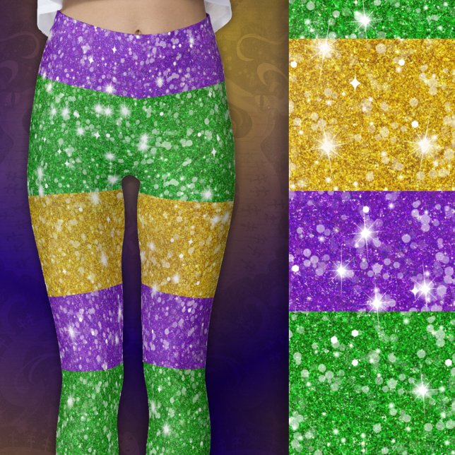 Glitter Mardi Gras Colorful Rand Carnival Leggings (Close-up)
