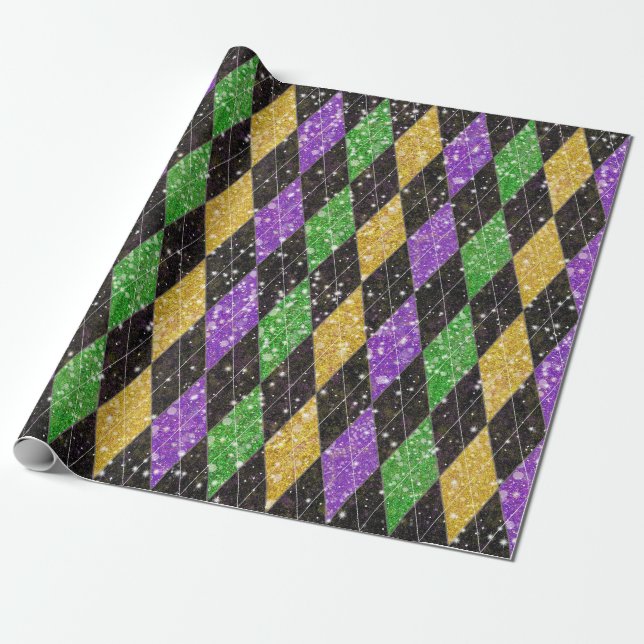 Glitter Mardi Gras Harlequin Argyle Presentpapper (Utrullad)