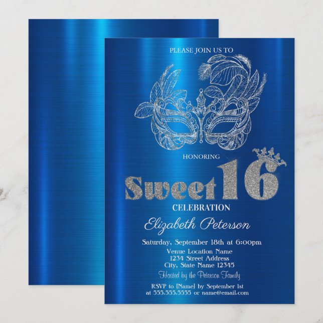 Glitter Mask Blue Metallic Sweet 16 Inbjudningar (Fram/baksida)