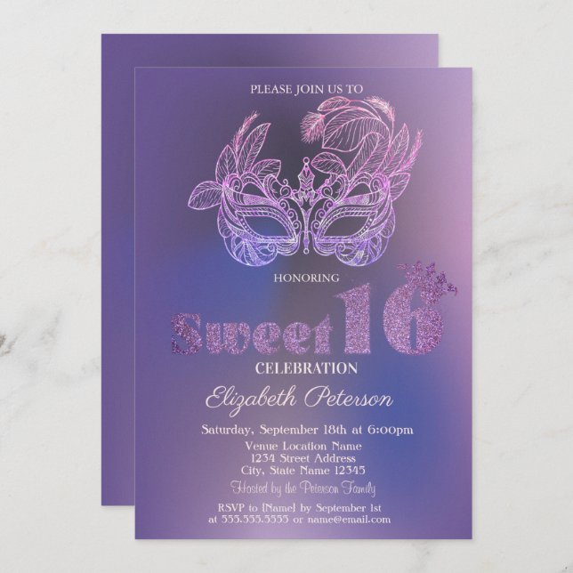 Glitter Mask Violet  Sweet 16 Inbjudningar (Fram/baksida)