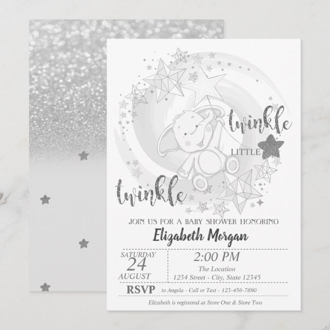 Glitter med Twinkle Star Silver,Besök babykläder Inbjudningar (Fram/baksida)