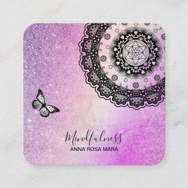 *~* Glitter Meditation Butterfly Yoga Mandala Fyrkantigt Visitkort (Framsida)