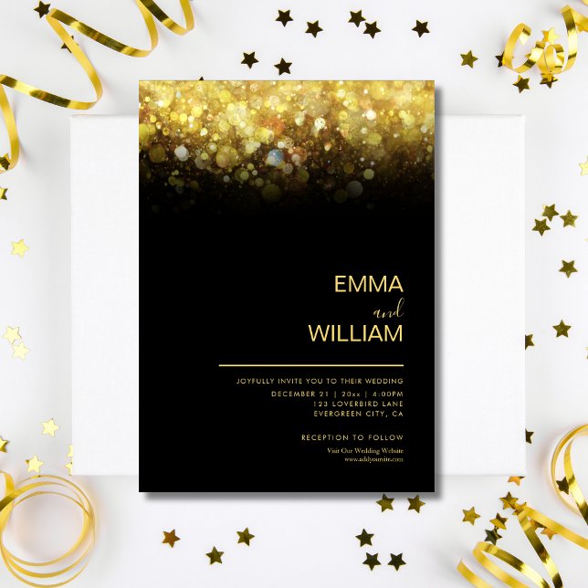 Glitter minimalistisk modern Guld och Svarta Bröll Inbjudningar (Glitter Minimalist Modern Gold and Black Wedding  Invitation )