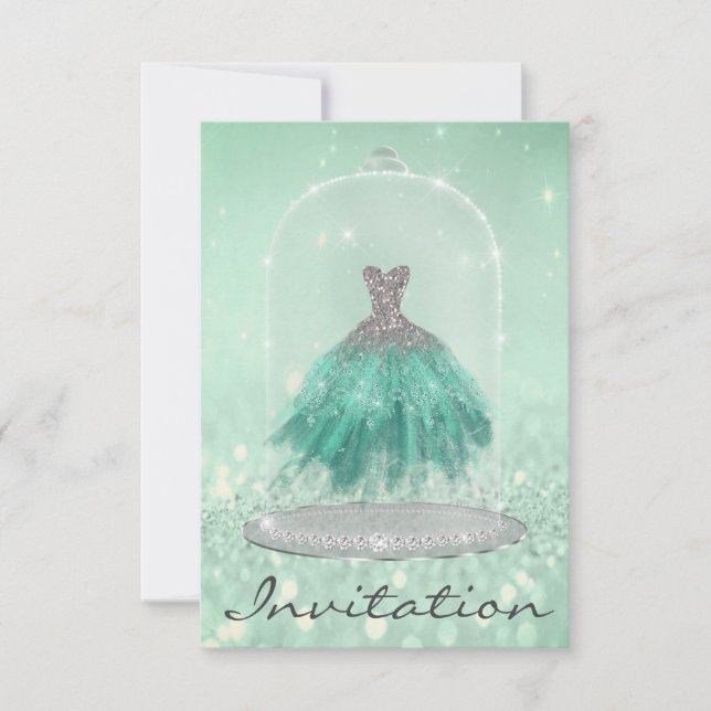 Glitter Mint Grönt TiffanyDiamond Dress Sweet 16:e Inbjudningar (Framsida)