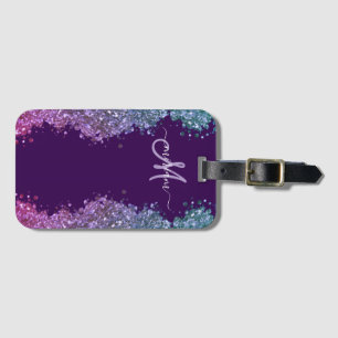Glitter Modernt Monogram Lila Teal Blå Blank Bagagebricka