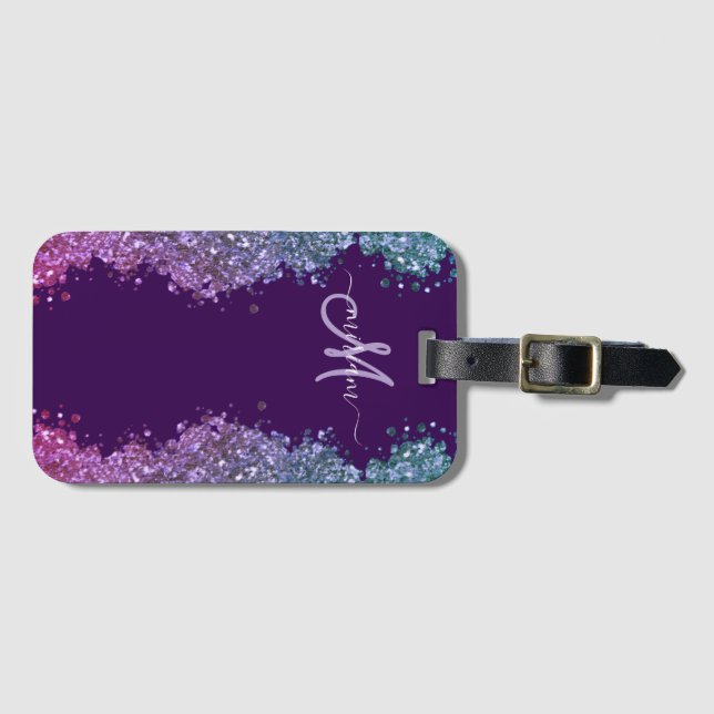 Glitter Modernt Monogram Lila Teal Blå Blank  Bagagebricka (Framsida horisontal)