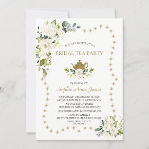 Glitter Möhippan Tea Party vid Vita Blommigt Guld Inbjudningar