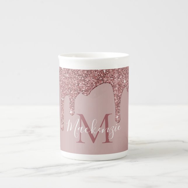 Glitter Monogram för drivning av ro Guld Benporslin Mugg (Framsidan)