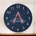 Glitter Monogram för marinblå och Ro Guld-Gnistran Stor Klocka<br><div class="desc">Marginalblått och Rosa ros Guld Gnistra Glitter Monogram Namn och första servridsspärr. Wall Clock ger perfekten till någon som kärlek Rosa ros Guld och Midnight Blue gnistra glitter.</div>