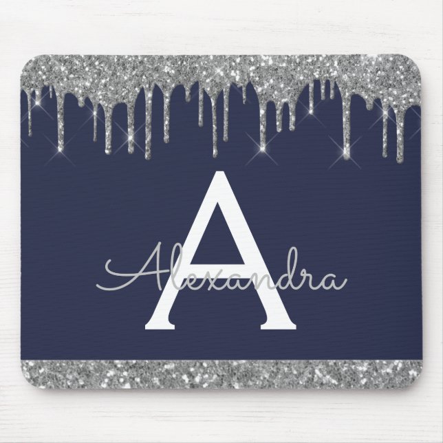 Glitter Monogram för marinblå Silver-Gnistran Musmatta (Framsidan)