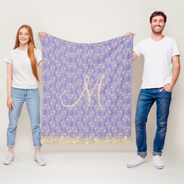 Glitter Monogram Guld Blommigt om Lavender Fleecefilt (På plats)