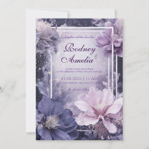 Glitter Mörk Blommig Lila Blåklocka Bröllop Inbjudningar