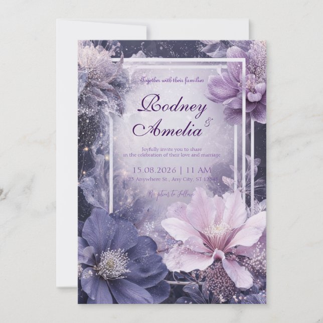 Glitter Mörk Blommig Lila Blåklocka Bröllop Inbjudningar (Framsida)