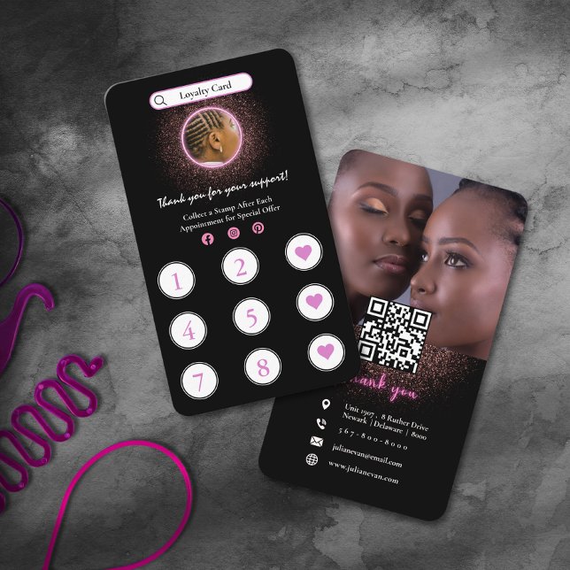 Glitter Neon Rosa Hair Braiding Loyalty Card Visitkort (Glitter Neon Pink Hair Braiding Loyalty Card)